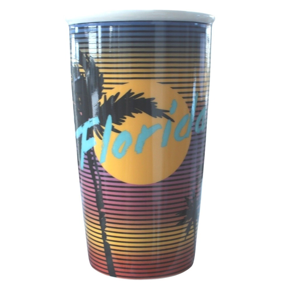 Starbucks Florida Palm Tree Sunset Travel Tumbler Cup 12 oz Teal Lid